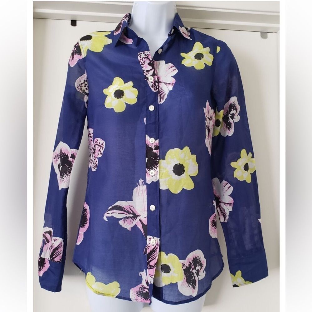 J. Crew XS Blue Pink Yellow White Black Floral Cotton Silk Long Sleeve Shirt